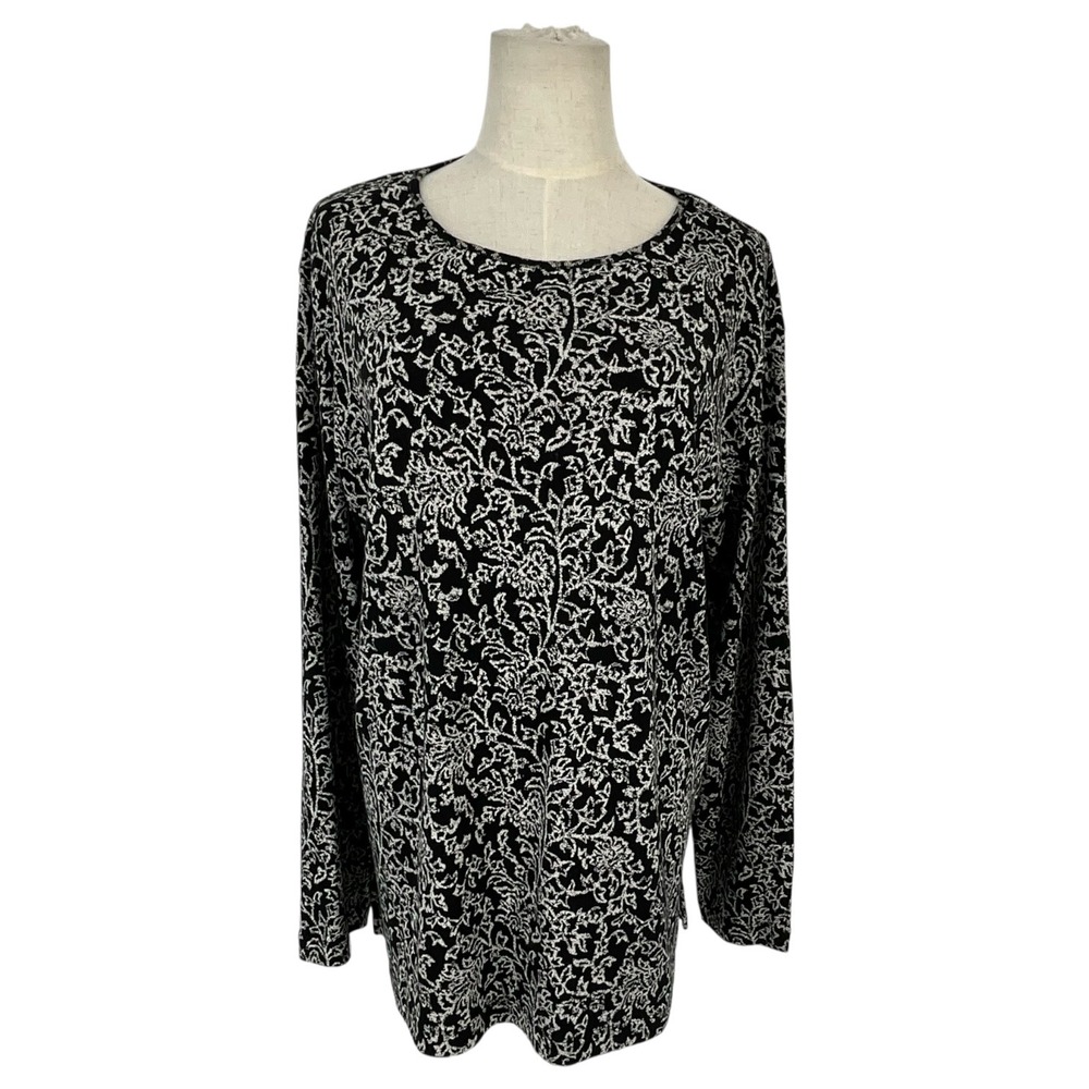 Chico's Women 3 XL US 16 Black White Floral Damask Long Sleeve Cotton Knit Top